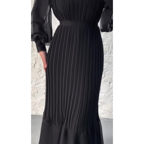 Women's Black Pleated Maxi Dress Polyester Chiffon High Waist Belted Evening - Picture 4 of 5
